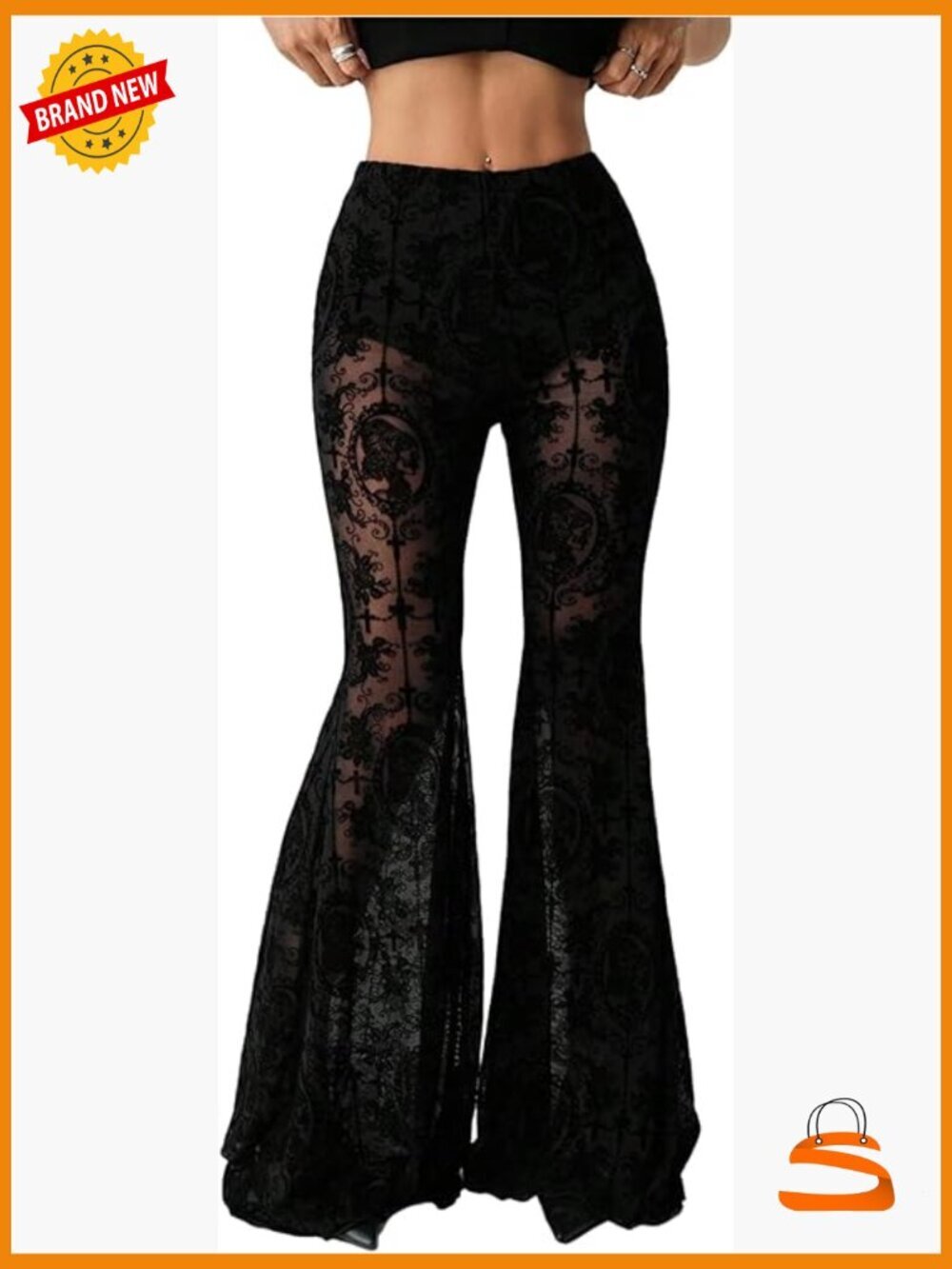 Women's Lace Bell Bottom Pants High Waisted Sheer Flare Leg Gothic Trousers